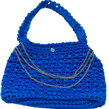 Bolsa de Crochê Azul com Corrente Dourada - Artesã Cida Lopes