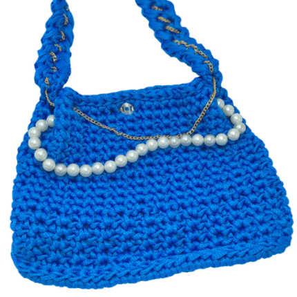 Bolsa de Crochê Azul com Pérolas - Artesã Cida Lopes