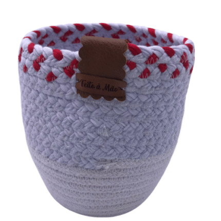 Cesto de Corda de Algodão Branco com detalhes Vermelho - Artesã Lucy